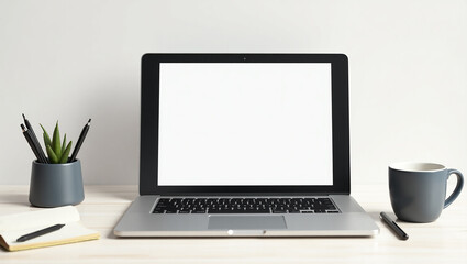Fototapeta premium Laptop with a coffee cup on desk, representing a productive workspace setup for remote work, digital tasks, or creative freelancing in a home office.