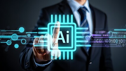 A businessman in a suit touches a glowing blue ai chip icon with digital data streams and binary code flowing around it representing artificial intelligence and technology