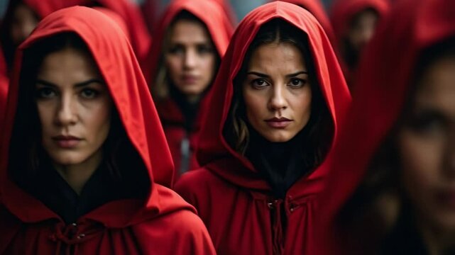 Group of women wearing red hooded cloaks with intense expressions standing close together in unity or protest concept.