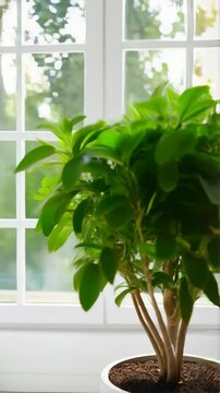 Bright indoor view featuring a potted schefflera plant next to a white window allowing natural sunlight into the bright room.