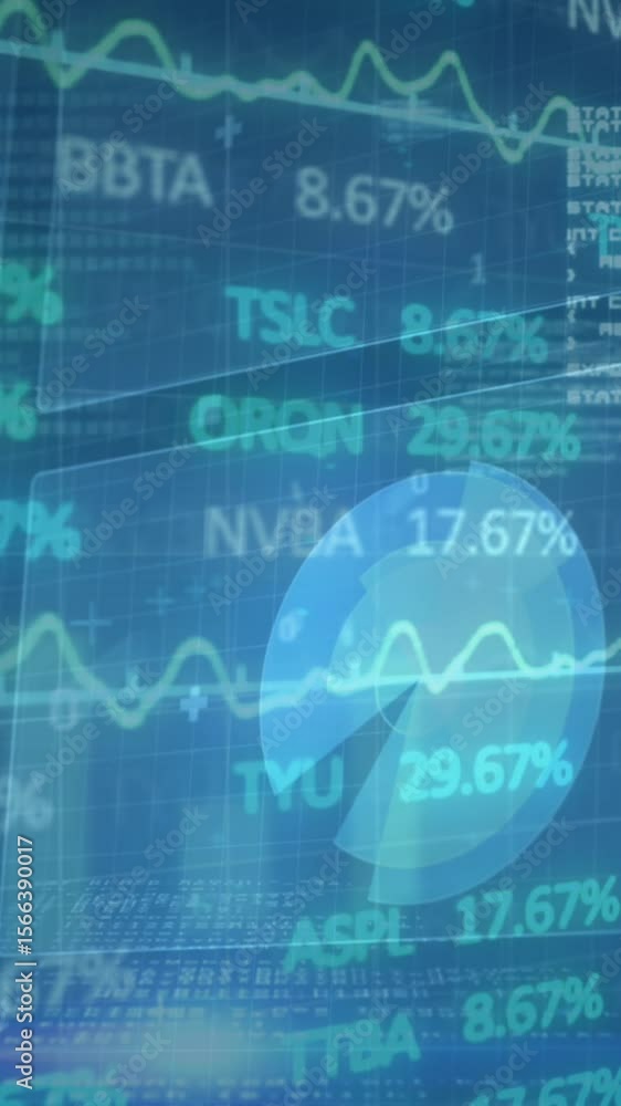 Aufkleber animation of stock market over data processing and scope scanning on green background cityscape