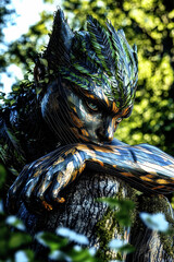 A contemplative fantasy nature spirit with leafy hair and intricate metallic skin, a Green Man or dryad in a lush forest.