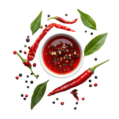 Vibrant red pepper and flavorful sauce surrounded by spices on Transparent background, Pepper and sauce isolated on PNG background