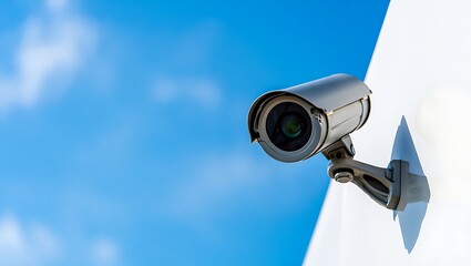 A security camera is mounted on a white wall
