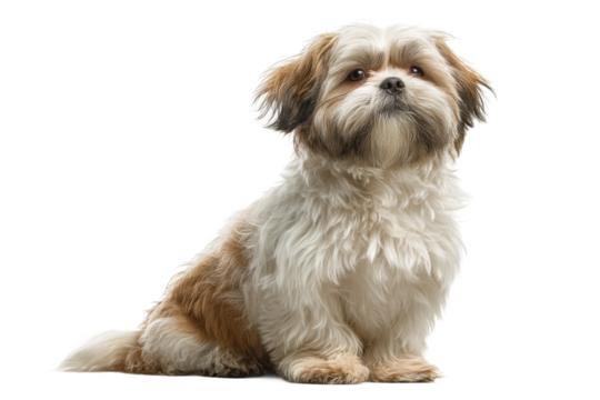 PNG Adorable shih tzu dog with fluffy white and brown coat sitting calmly