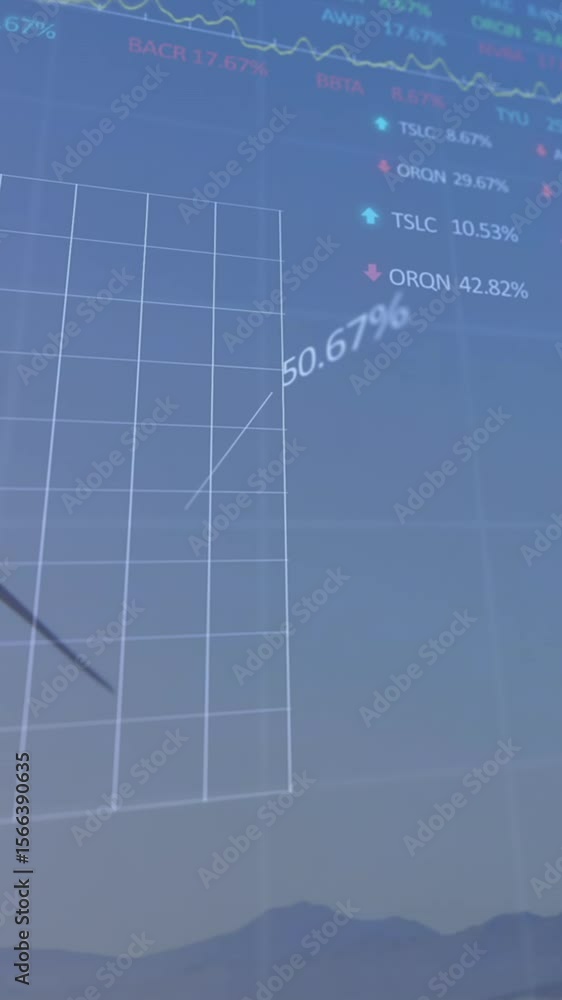 Poster animation of financial data and graph over landscape with wind turbines