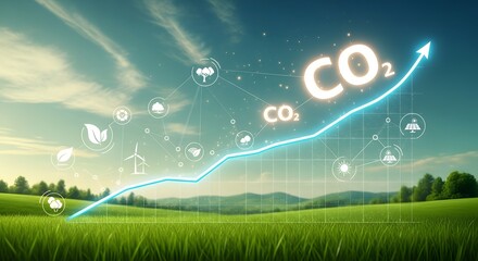 Abstract Visualization of Carbon Emission Reduction with CO2 Symbol, Graph Line, and Green Nature Background – Eco Technology Concept