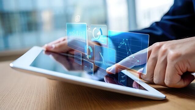 A person s hands interact with a tablet displaying holographic charts and graphs symbolizing data analysis and artificial intelligence in business