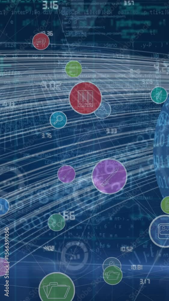 Poster animation of network of connections with icons over globe