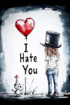 Artistic sketch of a girl with a heart balloon and the contradictory message 'I hate you', symbolizing a love-hate relationship.