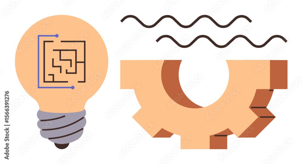 Poster lightbulb with circuit board design, gear fragment, and wave lines symbolize innovation, technology,