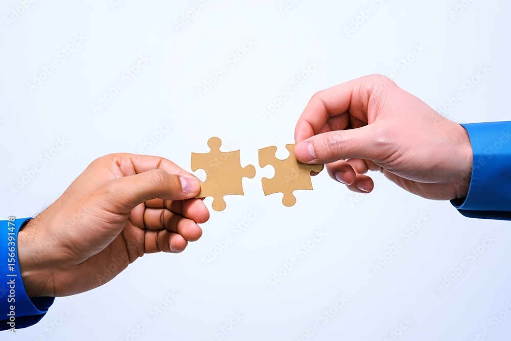 Poster two hands holding and connecting two puzzle pieces together symbolizing teamwork collaboration and p