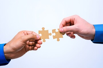 Two hands holding and connecting two puzzle pieces together symbolizing teamwork collaboration and problem solving against a clean white background