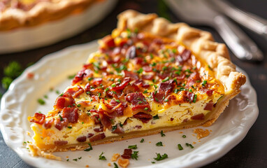 Savory Quiche Lorraine slice with crispy bacon and melted cheese. A classic French tart, perfect for breakfast, brunch, or lunch.