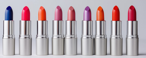 Colorful row lipstick shades silver tubes vibrant beauty product makeup concept horizontal cosmetic branding clean design retail banner skincare fashion editorial ecommerce ad variety gradient mockup
