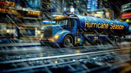 A blue tanker truck with the words Hurricane Season on the side driving through a rainy city at night.