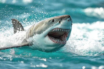 Naklejka premium Great white shark with jaws open in attack mode swimming through blue ocean water. Carcharodon carcharias, surfacing with the head out of the water and the mouth wide open off.