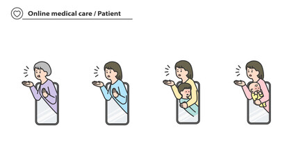 オンライン診療：スマートフォンから問合せする女性の患者　セット