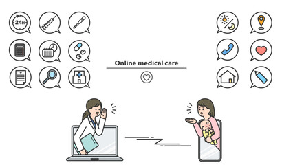 オンライン診療：医師と患者　アイコン・セット