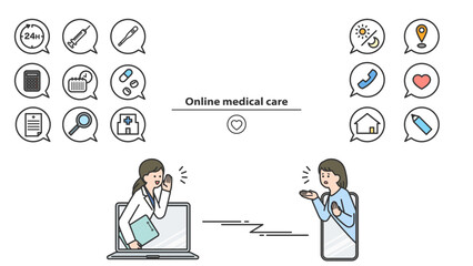 オンライン診療：医師と患者　アイコン・セット
