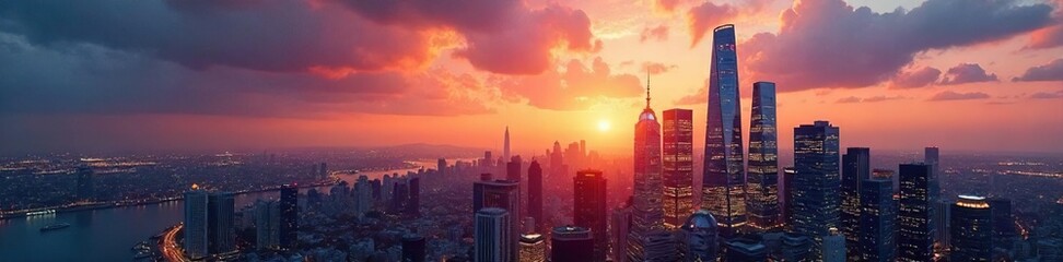 Fototapeta premium Modern Skyscraper Reflecting Sunset City Skyline, Embodying Financial District Success