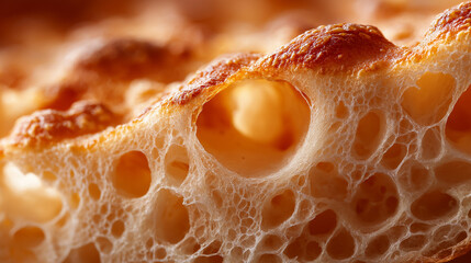 Detailaufnahme einer porösen Brotstruktur mit goldbrauner Kruste und luftigen Löchern im Inneren