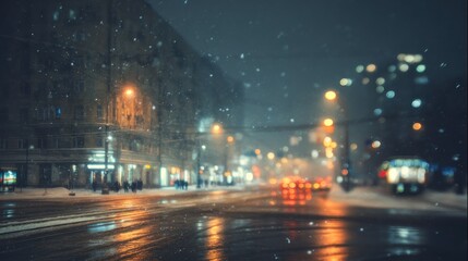 Obraz premium Blurry city street at night winter snowfall atmospheric lights