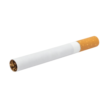 An unlit cigarette with a detailed view of its tobacco end and textured filter tip.