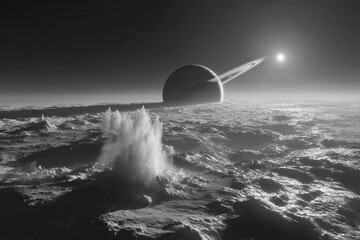 view of saturn from icy surface of enceladus with huge ice geysers erupting generated image