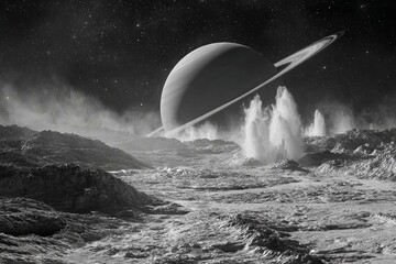 view of saturn from icy surface of enceladus with huge ice geysers erupting generated image