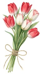Fototapeta premium Watercolor Red and White Tulips Bouquet Tied with Twine Clipart White Background