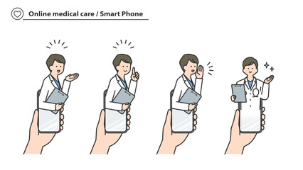 オンライン診療：スマートフォンから応答する男性医師　セット