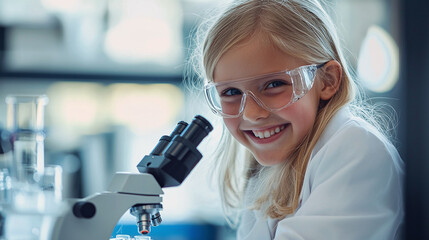Smiling little girl scientist in white coat and safety glasses sitting near microscope in science lab