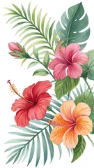 Fototapete Rund Watercolor Tropical Hibiscus Flowers with Palm Leaves Vibrant Clipart White Background © ZANNATUL