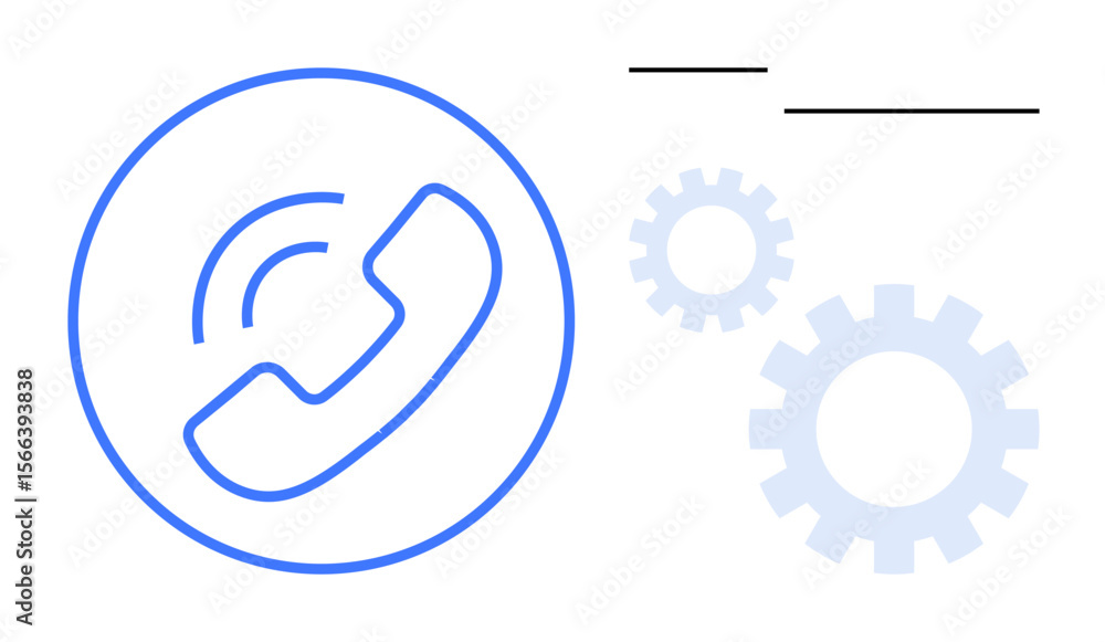 Poster phone receiver inside a circle with sound waves, accompanied by gears and minimalist lines. ideal fo