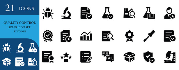 High-quality solid icons for quality control, inspection, testing, assurance, certification, compliance, and factory production process standards