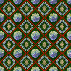 Intricate geometric pattern featuring stylized peacock feathers and floral designs in vibrant colors, creating visually captivating textile design
