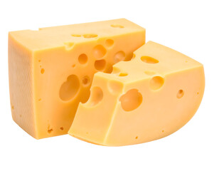 Delicious yellow Swiss cheese block and a perfectly cut wedge showcasing its distinctive holes