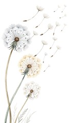 Obraz premium Watercolor Whimsical Dandelion Seeds Blowing Minimalist Clipart White Background