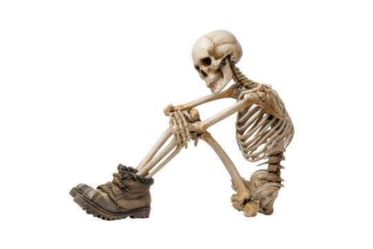 PNG Skeleton sitting with boots against black background: humorous and quirky scene
