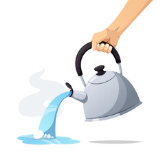 Pouring hot water from a kettle by hand vector isolated on white background.