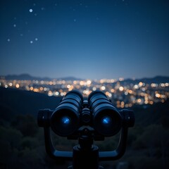 Binoculars focused on distant city lights at night

