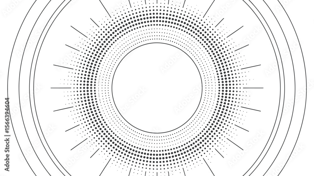 Poster circular abstract design with halftone pattern and radiating lines on a white background showing dep