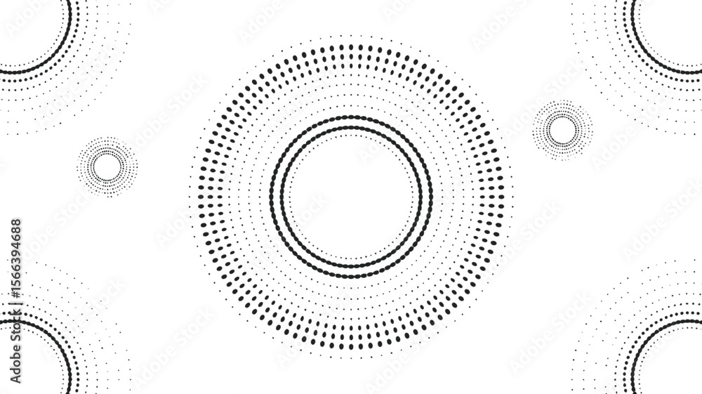 Poster a white background featuring multiple circular patterns formed by small black dots in varying sizes