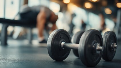 Close-up of Dumbbell Weights on Floor with People Exercising and Working Out in Modern Gym with Bright Lighting and Fitness Equipment