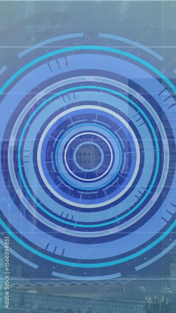 Poster animation of round scanner and statistical data processing against aerial view of cityscape