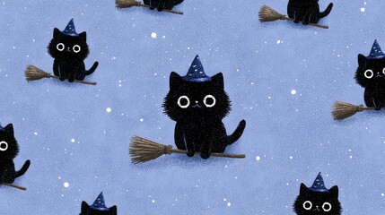 Whimsical black cat flying on a broomstick