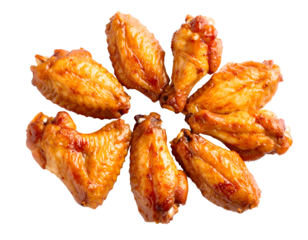 Eight juicy, golden-hued chicken wings with a glistening glaze are presented in a delightful circular pattern.