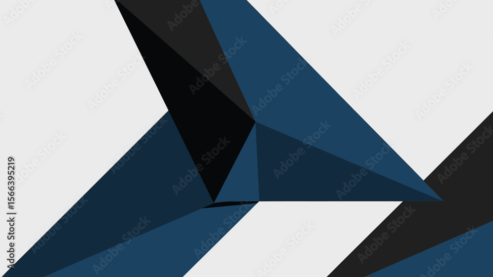 Poster geometric design featuring overlapping triangles in shades of blue black and white creating a modern