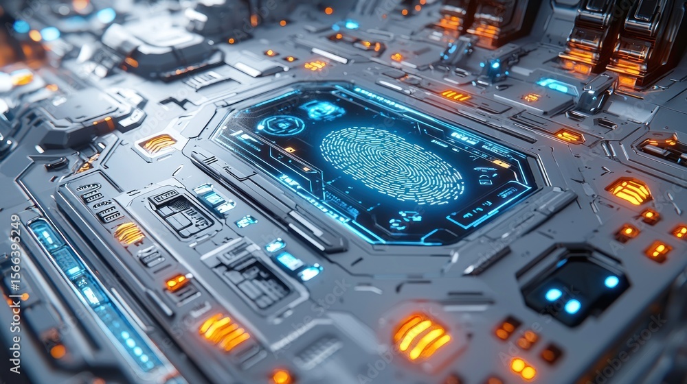 Poster futuristic technological interface with fingerprint scan.